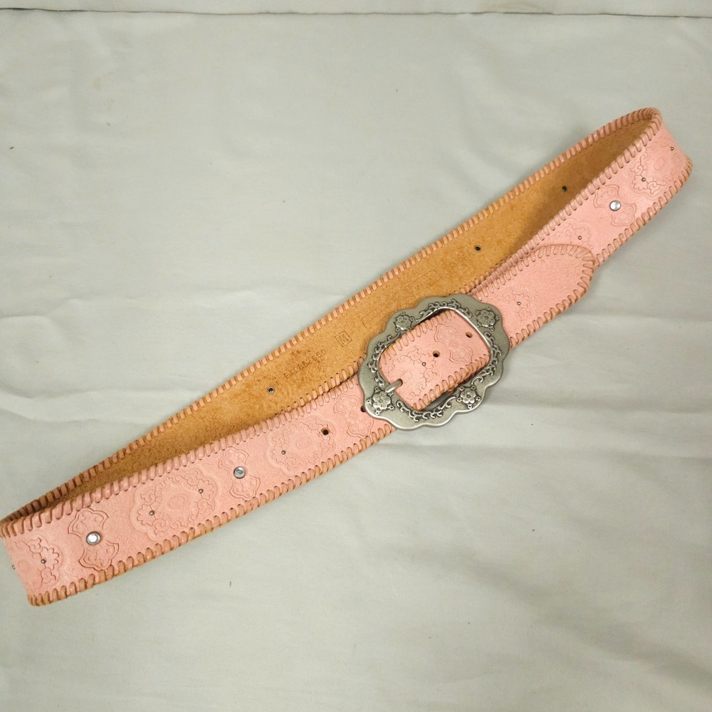 Fossil Western Belt Women Medium Pink Leather Woven Tooled Rhinestone Studded - Picture 4 of 12